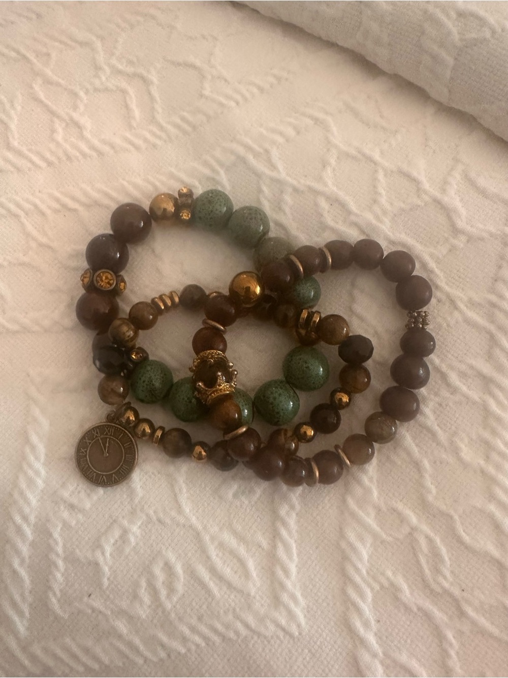 Boho Gemstone Beaded Bracelet Stack Green Brown Gold Set